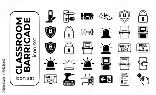 Classroom Barricade Door-Jammer Lockdown-Security Door-Lock Classroom-Safety Emergency-Protocol Lockdown-Device Vector Icon Set - Door Barricade