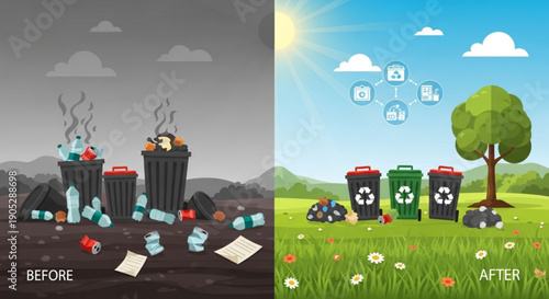 Recycling concept before and after comparison with trash cans and eco friendly environment transformation