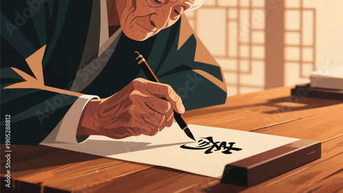 Illustration Of A Veteran Learning To Write Calligraphy At A Wooden Table, Wrinkled Hands Holding A Pen Vector Design Template
