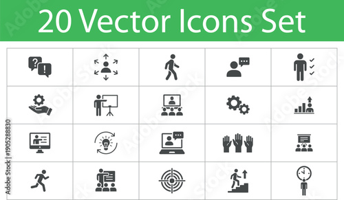 Professional Career Development and Training Vector Icon Set featuring Business Presentation E-learning and Strategy symbols for Workshop and Coaching