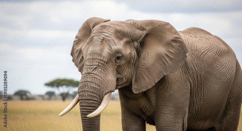 Obraz premium A solitary elephant standing in a grassy savanna with trees in the background under a cloudy sky.