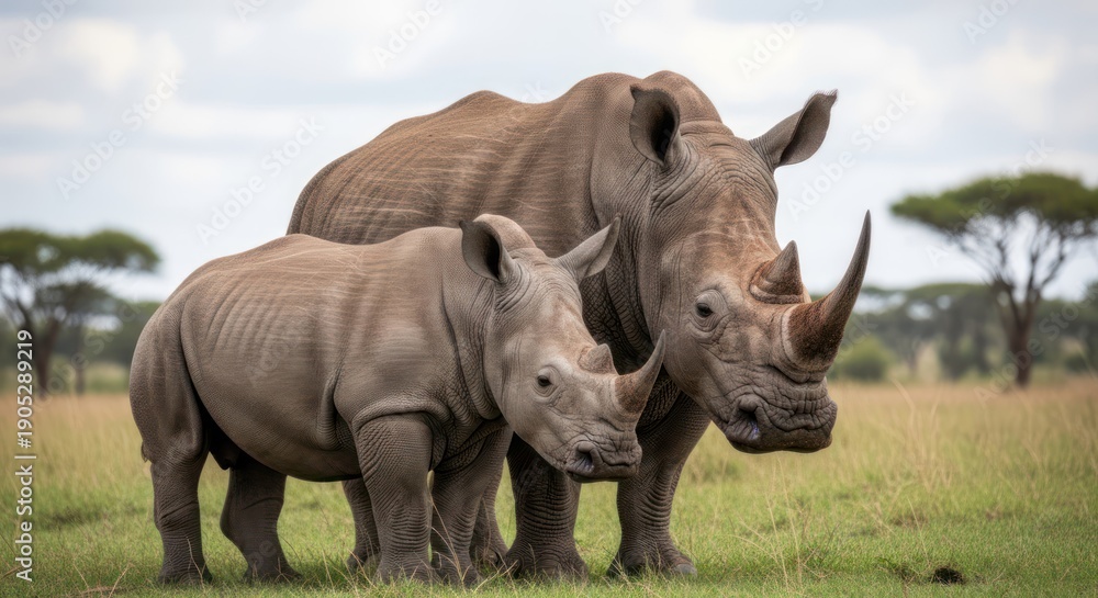 Fototapeta premium Two rhinoceroses, one adult and one juvenile, standing in a grassy savanna with trees in the background. The adult rhino is larger and has more pronounced horns