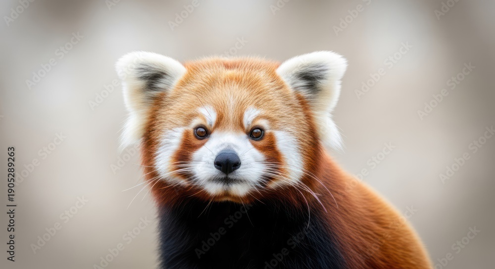 Fototapeta premium A close-up portrait of a red panda with a neutral expression, set against a blurred natural background.