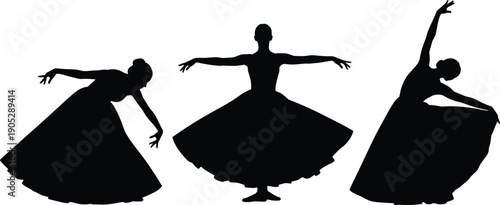 Ballet dancer silhouettes illustration set, classical dance performance collection, elegant graceful movement isolated black artistic theater figures icons