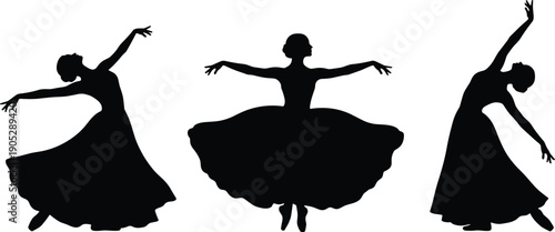 Ballet dance silhouettes illustration set, graceful dancer figures collection, classical performance art isolated black elegant movement icons