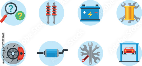 Car repair icons illustration set, auto service tools collection, mechanic maintenance battery brake suspension vehicle workshop symbols