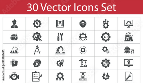 Industrial Engineering and Robotics Technology Vector Icon Set featuring Gear Automation Mechanics and Manufacturing symbols for Technical Analysis