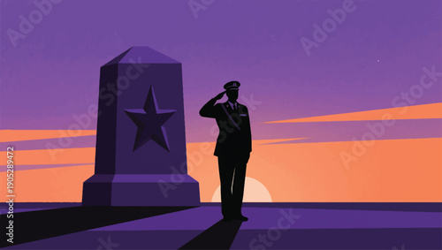 Illustration Of A Veteran Standing Alone Saluting In Front Of A War Memorial  Vector Design Template