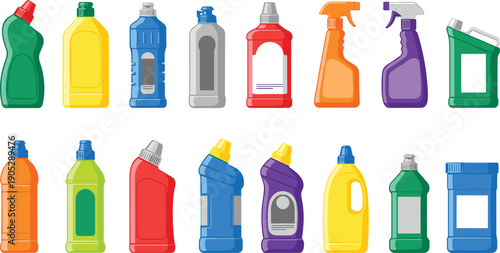 Cleaning product bottles illustration set, household detergent containers collection, spray bleach liquid soap packaging isolated colorful plastic icons