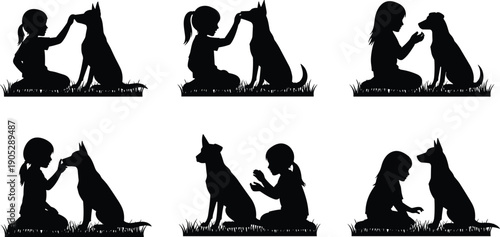 Child dog silhouettes illustration set, kids pet friendship collection, animal bonding play training isolated black family lifestyle icons