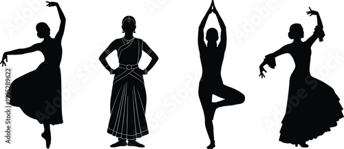Dance silhouettes illustration set, classical ballet traditional cultural dancers collection, performance art yoga pose isolated black figures icons
