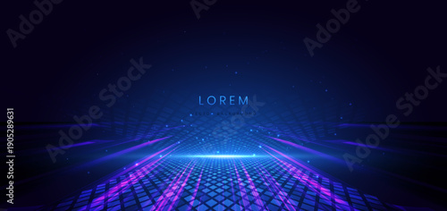 Scene futuristic glowing square pattern blue neon light ray with speed motion moving on dark blue background.