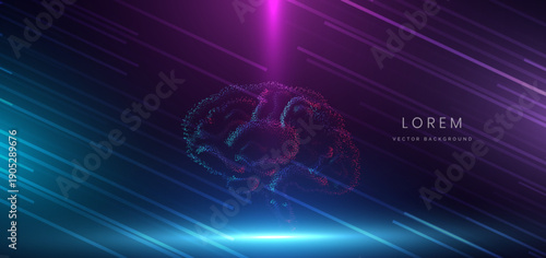 Artificial intelligence brain particle blue and pink science system on dark background.