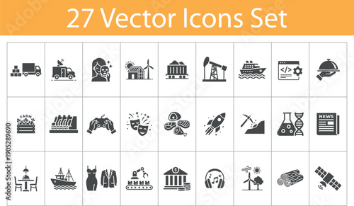 Global Industry and Business Concept Vector Icon Set featuring Energy Shipping Farm Science and Technology symbols for Diverse Market Sectors