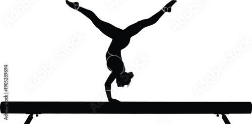 Black silhouette of female gymnast performing split handstand on balance beam for artistic gymnastics competition and club branding