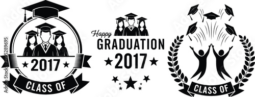 Class of graduation logo set with student silhouettes laurel wreath throwing caps and academic emblems for commencement ceremony