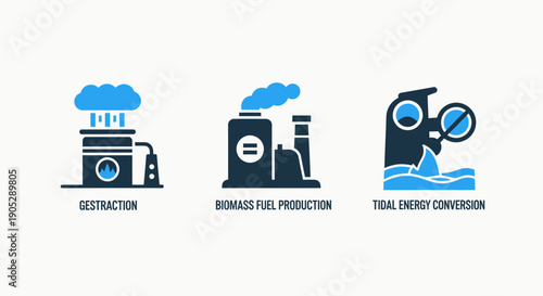 Energy Production Icons: Geothermal, Biomass Fuel, Tidal Energy Conversion