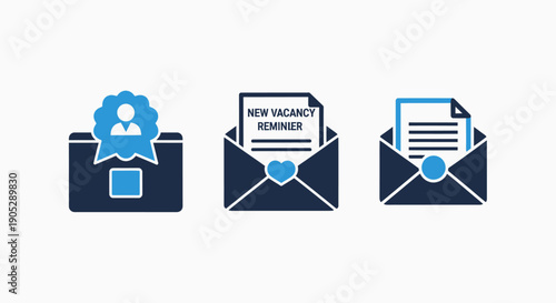 Business recruitment icons: job offer, new vacancy, and employee profile illustration on white background.