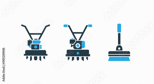 Gardening tool icons: tiller for soil preparation and a broom for cleaning, suggesting landscaping and maintenance.