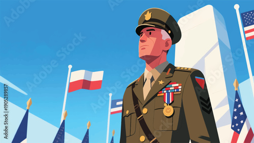 Illustration Of A Veteran Standing Tall, Wearing A Neat Uniform With A Hat And Medals, A Flag Waving In The Background, A Clear Blue Sky Vector Design Template