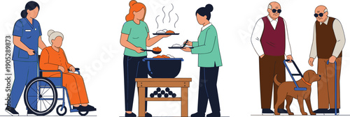 Elderly care illustration set, senior assistance lifestyle collection, wheelchair support cooking help guide dog caregiving cartoon healthcare icons