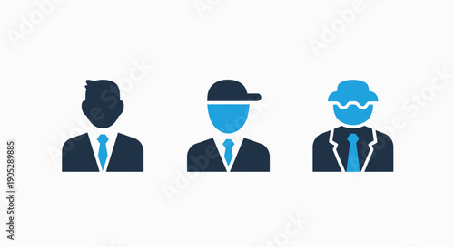 Professional icons showing men in suits with different headwear, representing diverse roles and styles.