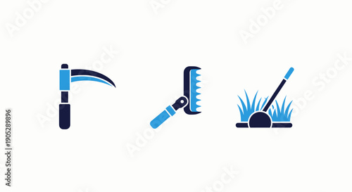 Gardening tool icons: scythe for cutting, rake for gathering, and grass trimmer for lawn care.