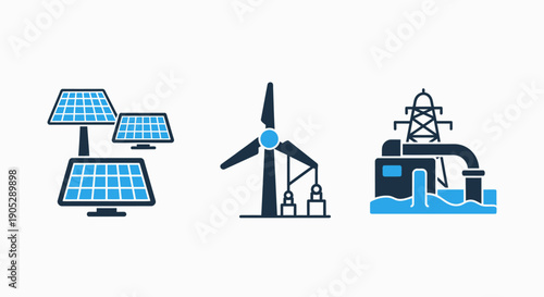 Renewable energy icons: solar panels, wind turbine with oil pump, and hydroelectric power plant.