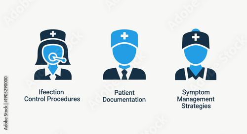 Healthcare icons: infection control nurse, patient documentation, and symptom management strategist