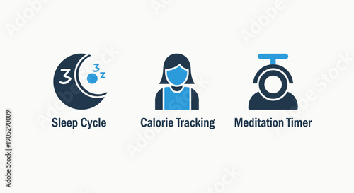 Health and wellness icons: sleep cycle tracking, calorie counting, and meditation timer