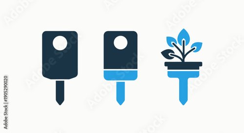 Gardening icons: soil probe, moisture meter, and plant sensor for agriculture