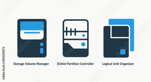Data Storage and Management Icons: Server Rack, Logical Unit, Storage Volume for IT, Cloud Computing, Database