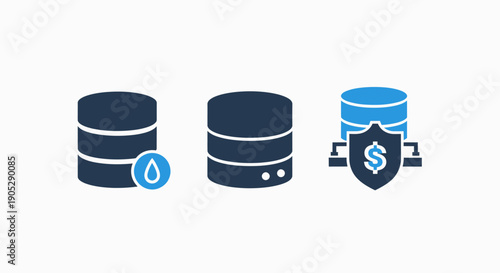 Database Icons: Data Protection, Financial Security, Backup, Safe Storage, Information Security Concept