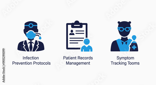 Medical and healthcare icons: infection prevention, patient records, and symptom tracking