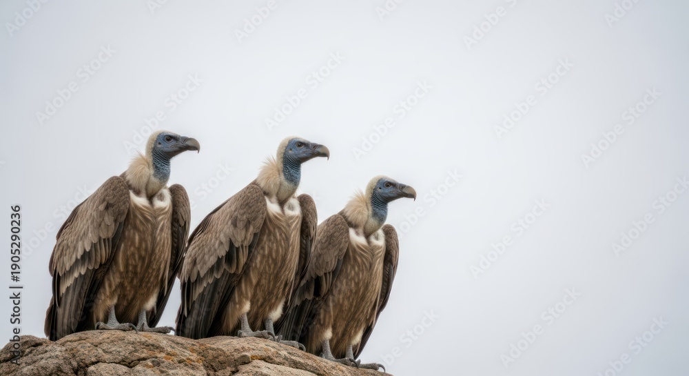 Obraz premium Three vultures perched on a rock, looking to the side against a cloudy sky.