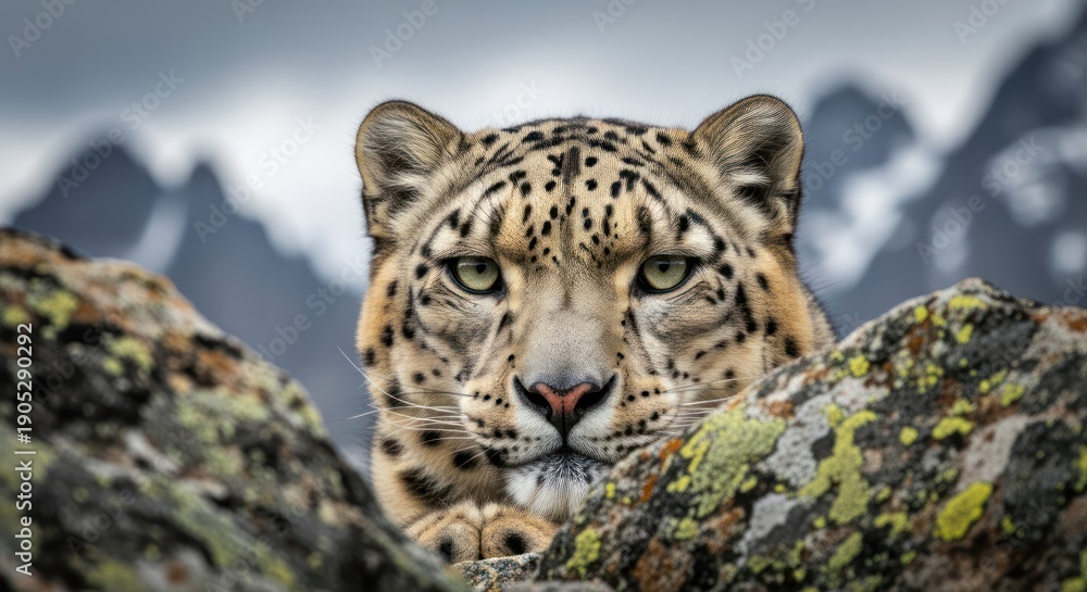 Obraz premium A leopard peering through rocky terrain with a mountainous backdrop.