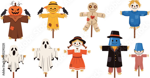 Halloween scarecrow illustration set, spooky autumn decoration collection, pumpkin ghost harvest festival cartoon characters isolated festive design icons
