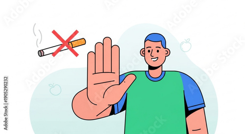 Man gesturing stop to cigarette smoking with red cross symbol promoting no smoking concept
