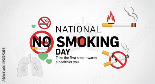 National no smoking day poster with cigarette and no smoking symbols on white background