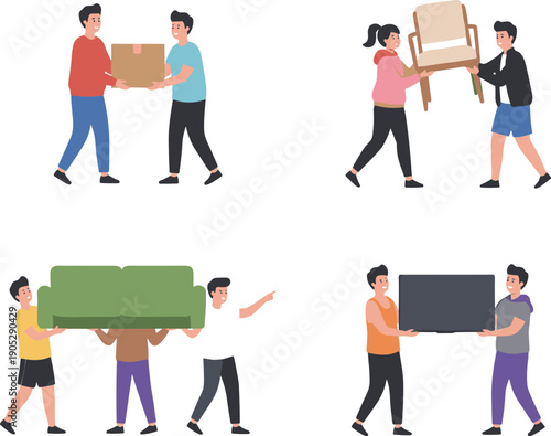 Moving furniture illustration set, people carrying boxes sofa television chair relocation teamwork delivery service cartoon isolated activity icons