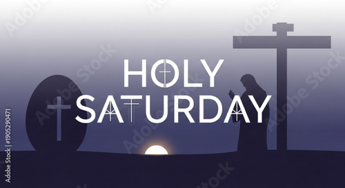 Holy saturday illustration with silhouette of person praying beside cross and tomb at sunrise or sunset