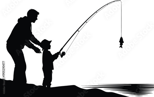 Father and son fishing silhouette on shoreline with child catching fish for family outdoor recreation and Father's Day