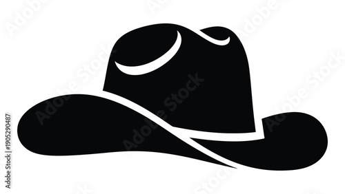A black and white illustration of a classic cowboy hat with a wide brim and a band. Vector