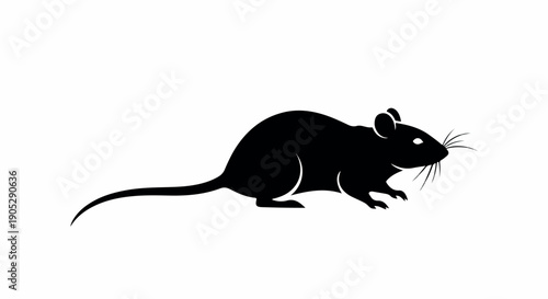 Black silhouette of a mouse in profile against a white background with long whiskers and tail.