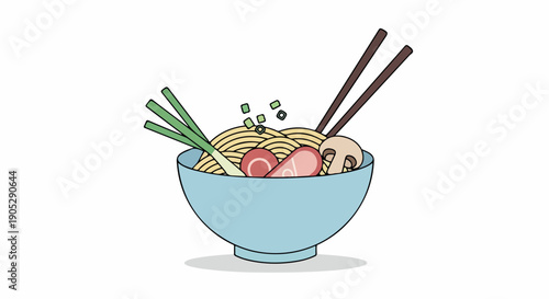 Flat illustration of a bowl of ramen noodles with chopsticks, green onions, and meat in a light blue bowl on a white background.