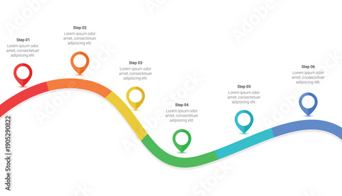 Curved Roadmap Infographic Template With Six Steps And Map Pins