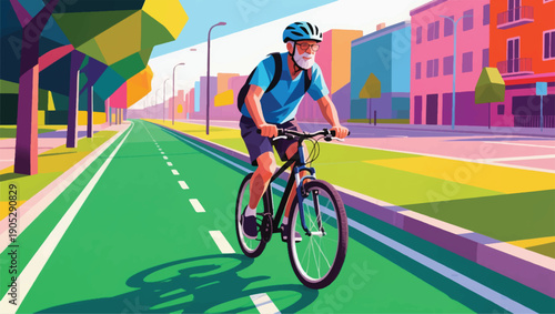 Illustration Of A Veteran Cycling Leisurely On A City Green way, Wearing A Helmet And Casual Clothes, Bright Morning Vector Design Template