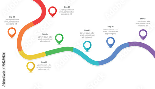 Curved Roadmap Infographic Template With Seven Steps And Map Pins