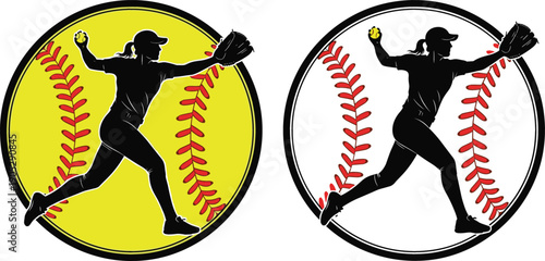 Female softball and baseball pitcher silhouette emblems with red stitching on yellow and white circular sports icons
