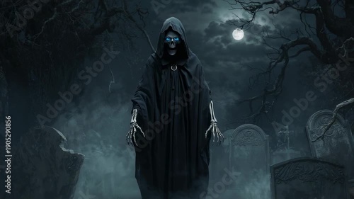 Dark Harbinger in Cemetery: A cloaked spectral figure, radiating an aura of the macabre, stands ominously amidst a misty cemetery, under the eerie glow of the moon.